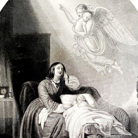 The Mothers Dream Engraving 1859 Victorian Angel Carrying Child Art DWY5F